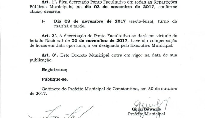 Prefeitura de Constantina fará ponto facultativo no dia 03