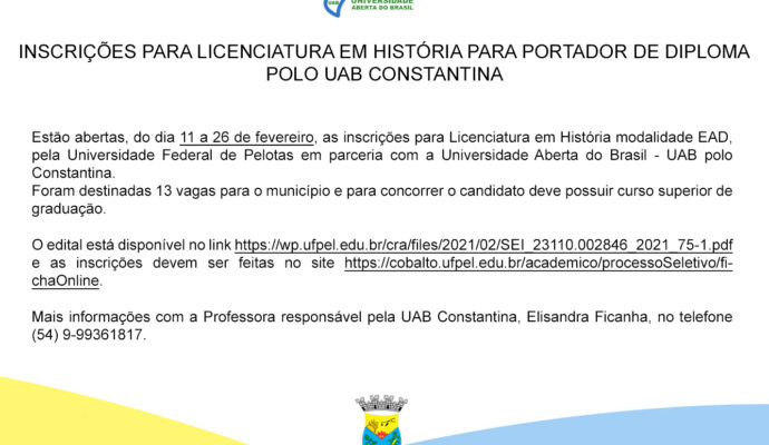 Inscrições para licenciatura em História para portador de Diploma – polo UAB Constantina