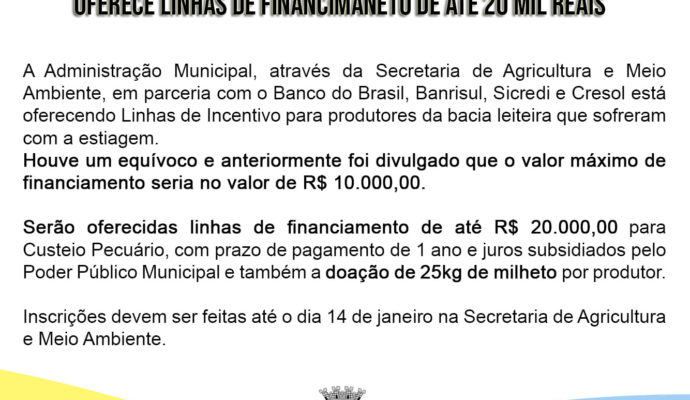 CORREÇÃO: Auxílio a produtores em função da estiagem oferece linhas de financiamento de até 20 mil reais