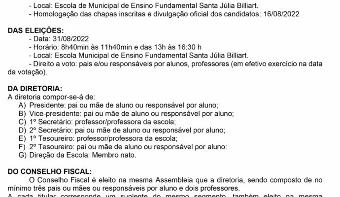 Convocação para assembleia de Eleição do CPM e Conselho Escolar EMEF Santa Julia Billiart