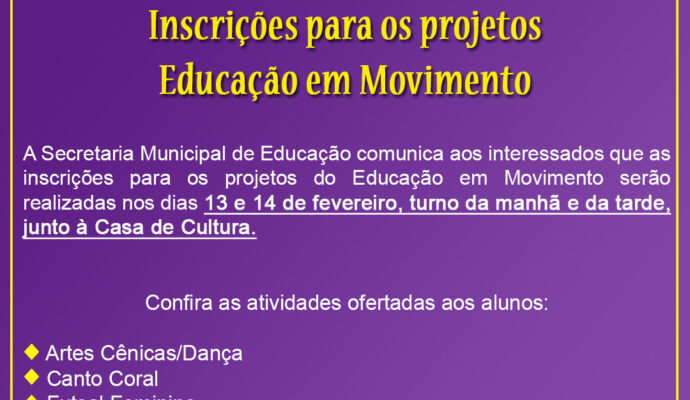 Inscrições para projetos Educação em Movimento iniciam na segunda-feira