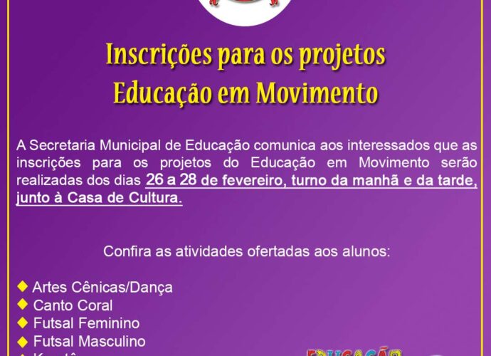 Inscrições para projetos Educação em Movimento iniciam hoje